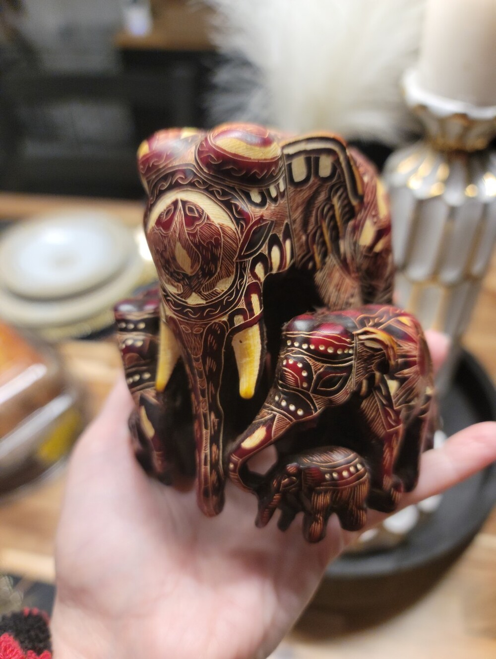 Hand-Carved Decorative Elephant Family Sculpture - Red & Gold
